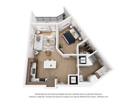 Floor plan for 1 bed, 1 bath, 732 sqft